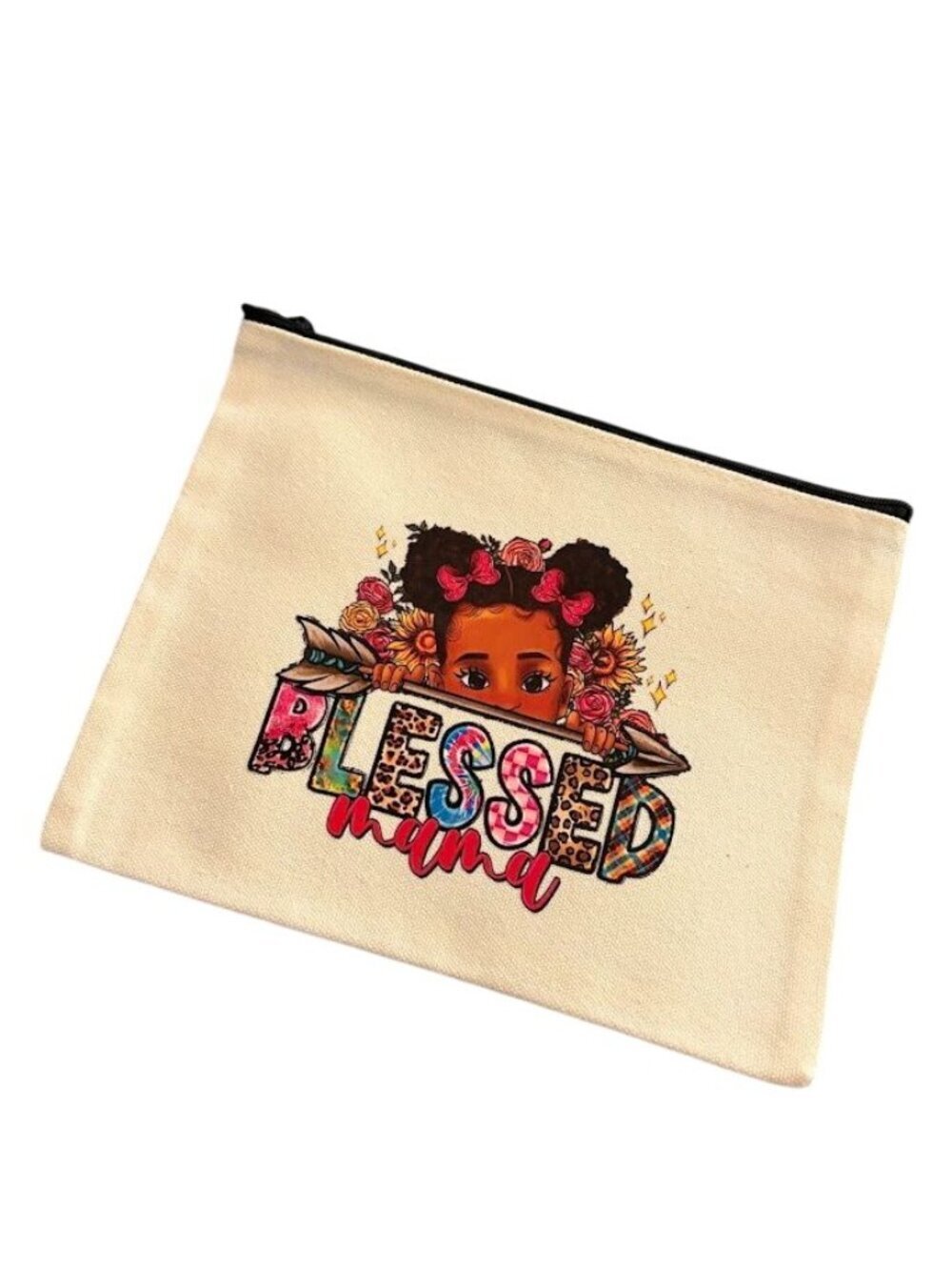 Blessed Mama Black Girl Zip Travel Pouch Makeup Linen Blend Brand New!